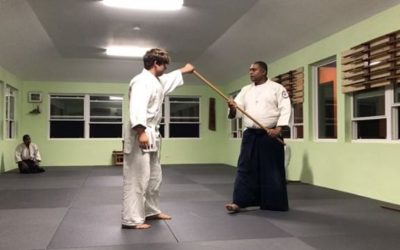 Eugene demonstrates how nikkyo using the jo is the same movement as the open hand nikkyo we are more used to