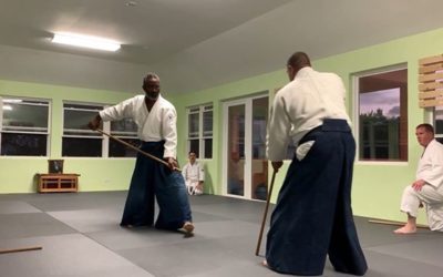 Sensei Smith demonstrates jo techniques, with Eugene during Wednesday night weapons at Bermuda Aikikai.